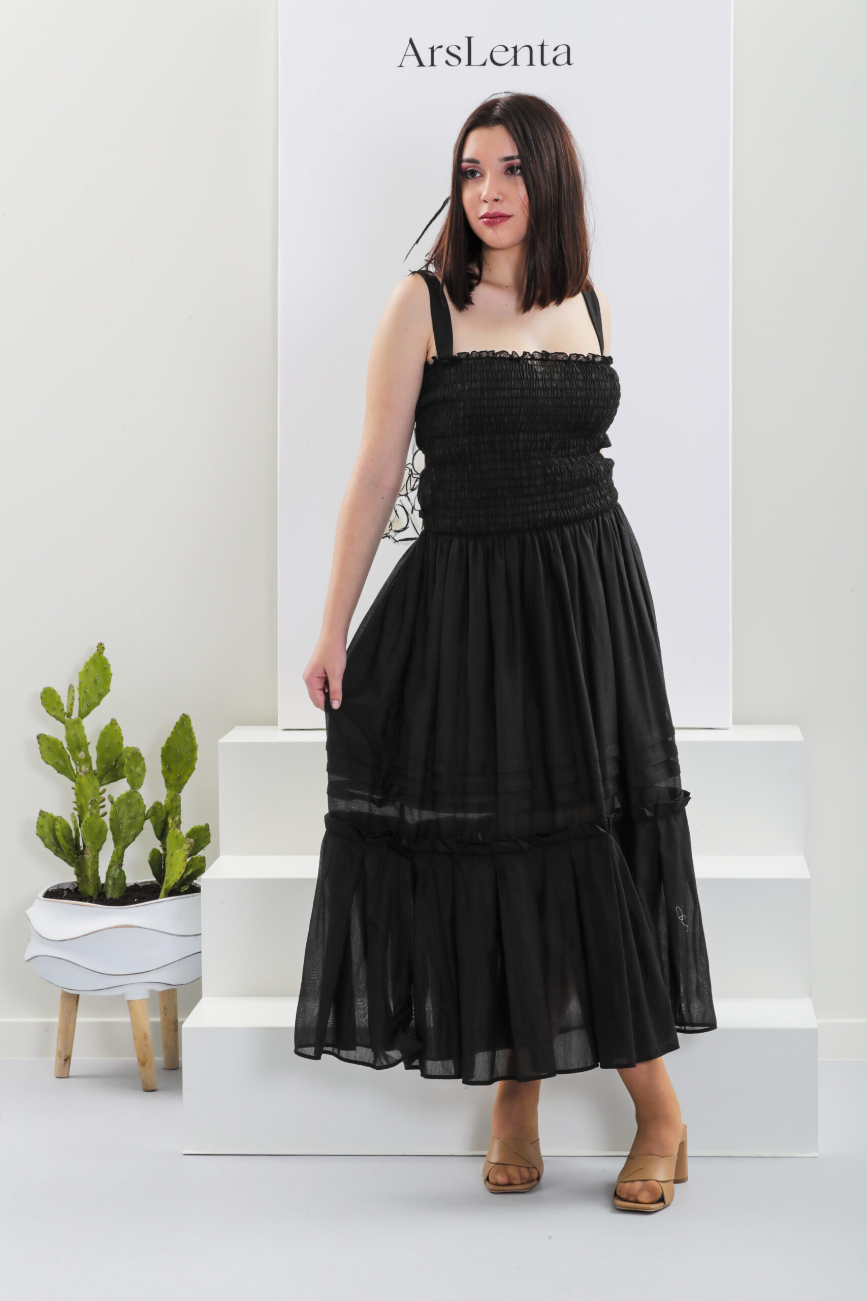 Vestido comprido com elásticos e folho - Image 5